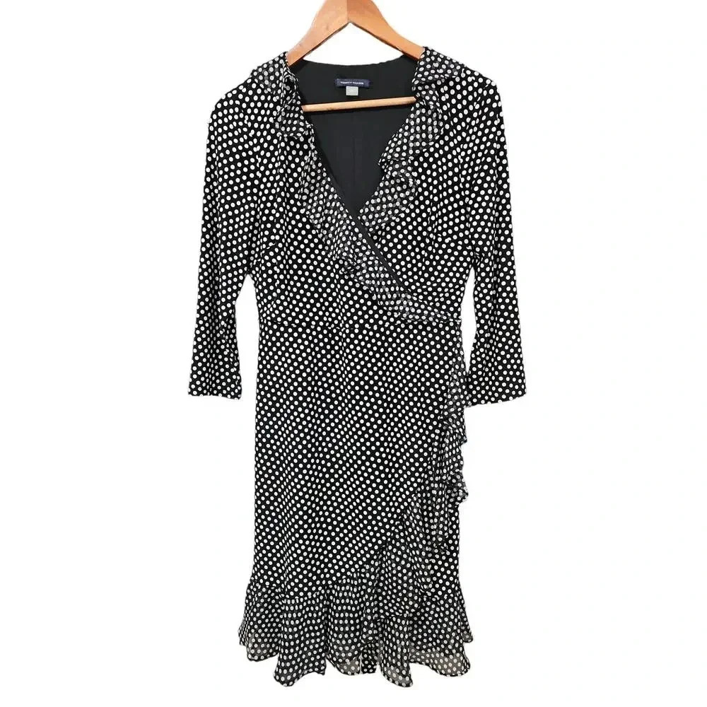 Tommy Hilfiger Black & White Polka Dot Wrap Midi Dress